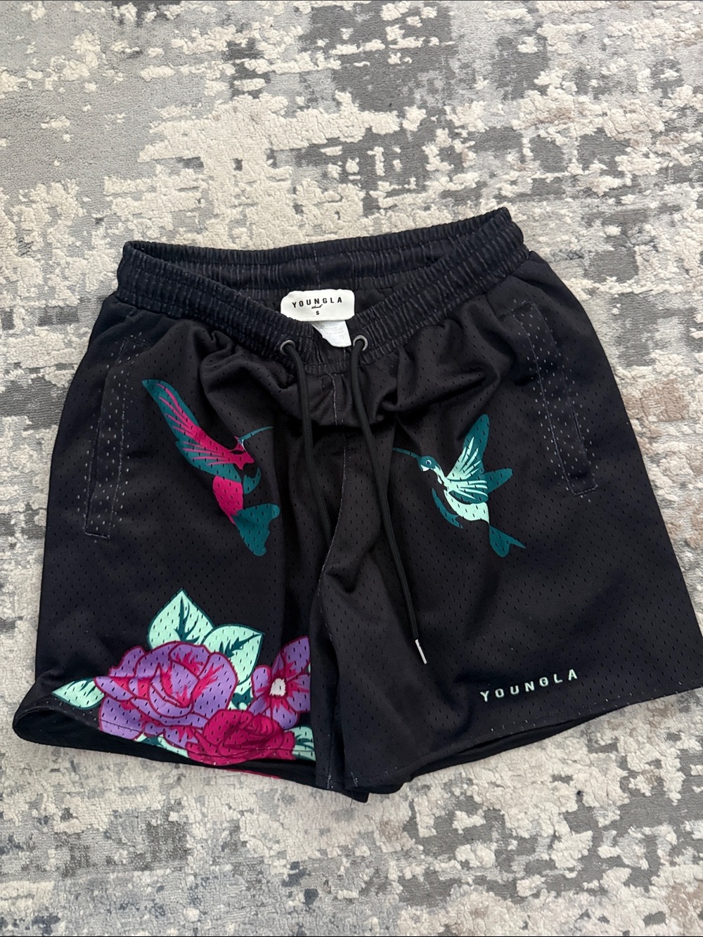 YoungLA Black Athletic Shorts with Teal & Pink Hummingbird Floral Print